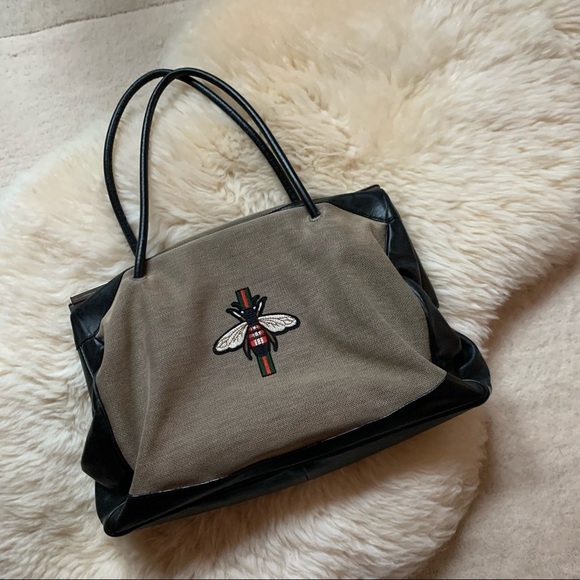 Gucci Canvas Bee Embroidered Purse Tote Shoulder Bag Black Leather Trim - Picture 1 of 9